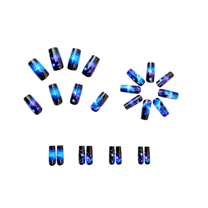 24 Pcs Fake Nails with Glue Long Press on Nails with Charms Colorful Dragon Gradient Nail Tips Cloudy Starry Sky Square Black