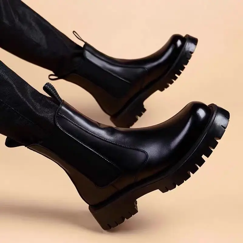 England style men casual stage nightclub chelsea boots black platform shoes cowboy genuine leather boot motorcycle high botas