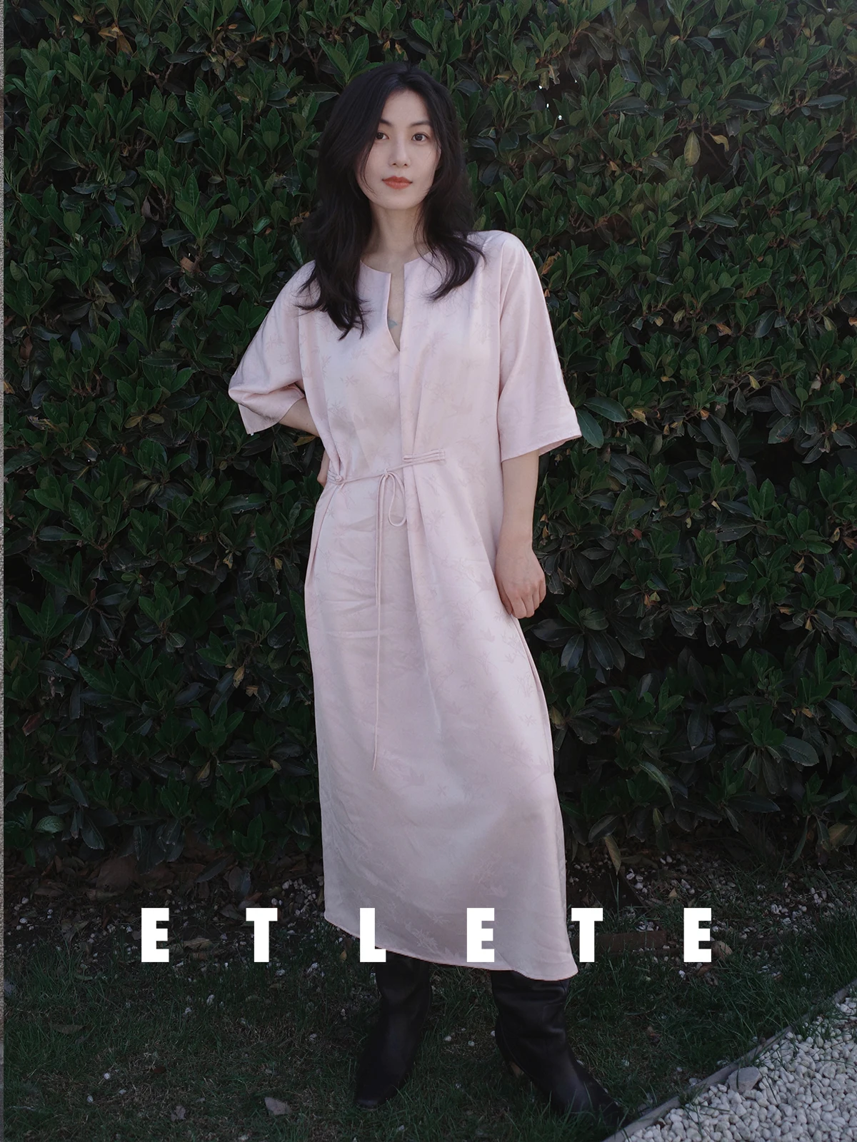 

ETLETE Handmade Pink Waist-Cinching Acetate Dr Women's Faionable Chinese Sle Long Sve Slimming Gown Spring Autumn