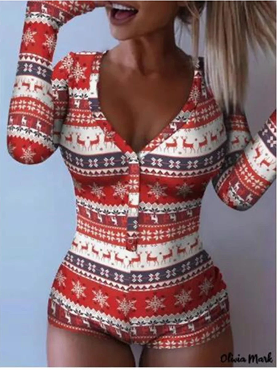 New Fashion Womens Christmas Short Pajama One sies Romper Long Sleeve Button Down Letter Print Jumpsuit Pajama Homesuit