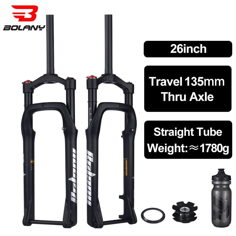 

Bolany Snow Bike Air Supension Front Fork Thru Axle 135mm 26inch MTB Aluminum Alloy 135mm Travel Bike Fork Accessories