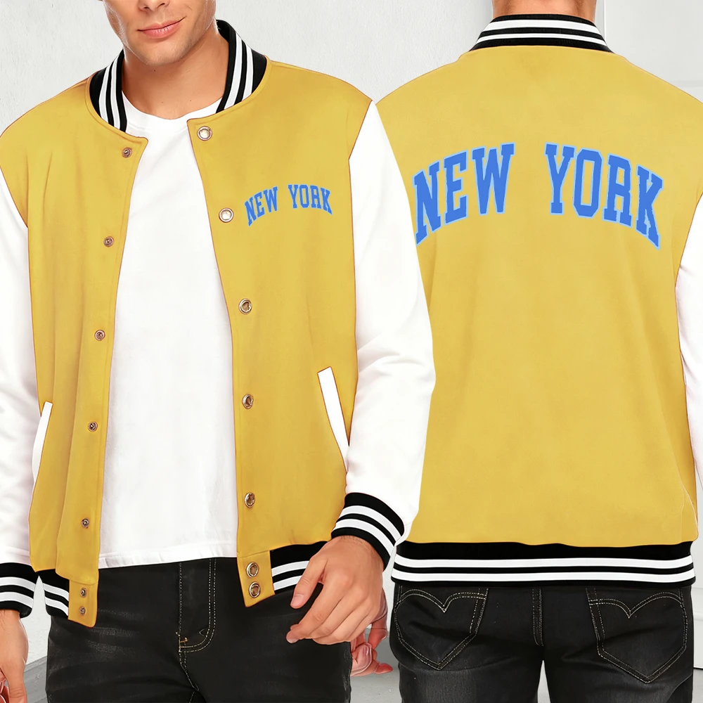 

New York Letter Blue Print Jackets Men Clothing Casual Loose Baseball Jersey Fleece Pocket Streetwear Y2K Fashion Unisex Coat