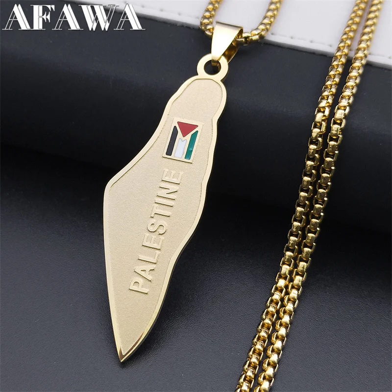 Palestine Map National Flag Necklace for Women Men Stainless Steel Gold Color Country Geography Chain Jewish Jewelry N7600S02