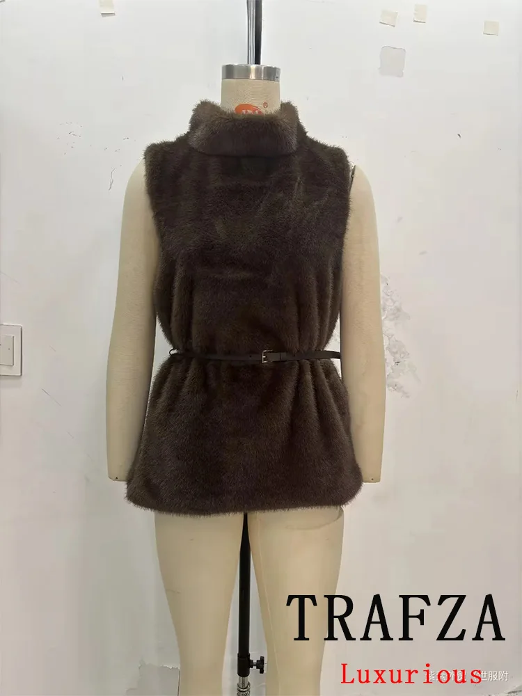 TRAFZA, abrigo informal de piel sintética para mujer, jersey marrón liso de cuello alto, fajas, Top recto, nueva moda, abrigo femenino para vacaciones de otoño 2025