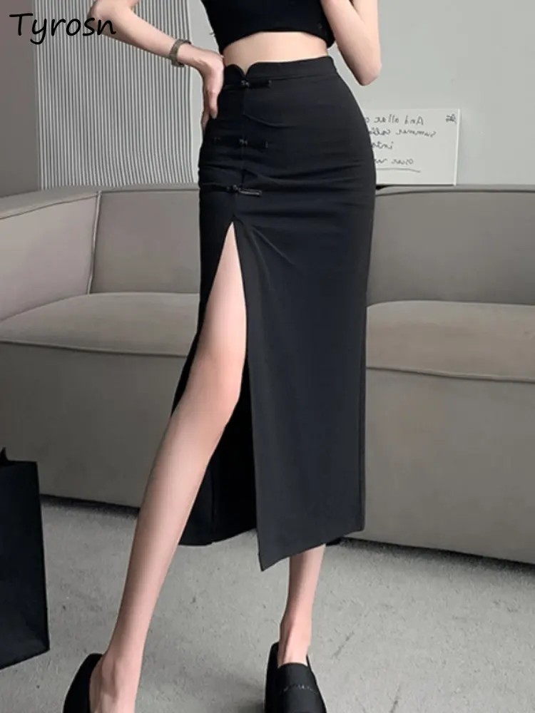 

Skirts Women Solid Midi Fashion Side Slit Design Ladies Retro Summer Leisure High Waist Simple Cozy Ins All-match Tender Elegant