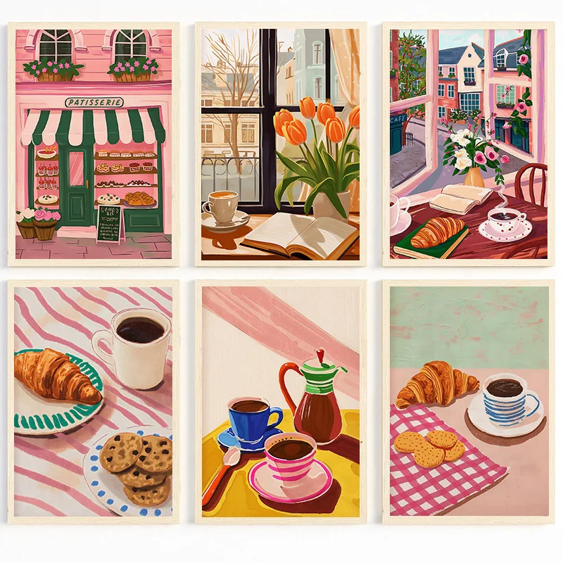 Affiche d'art de café de ville de Chamonix, illustration de croissants et de strass, peinture de toile, impression de mur, image