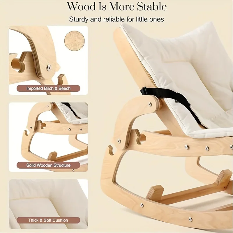 3-in-1 Baby Bouncer, Adjustable Baby Recliner With Removable Cushion, Convertible Wooden Rocker Chair, Seat Belt And Booster