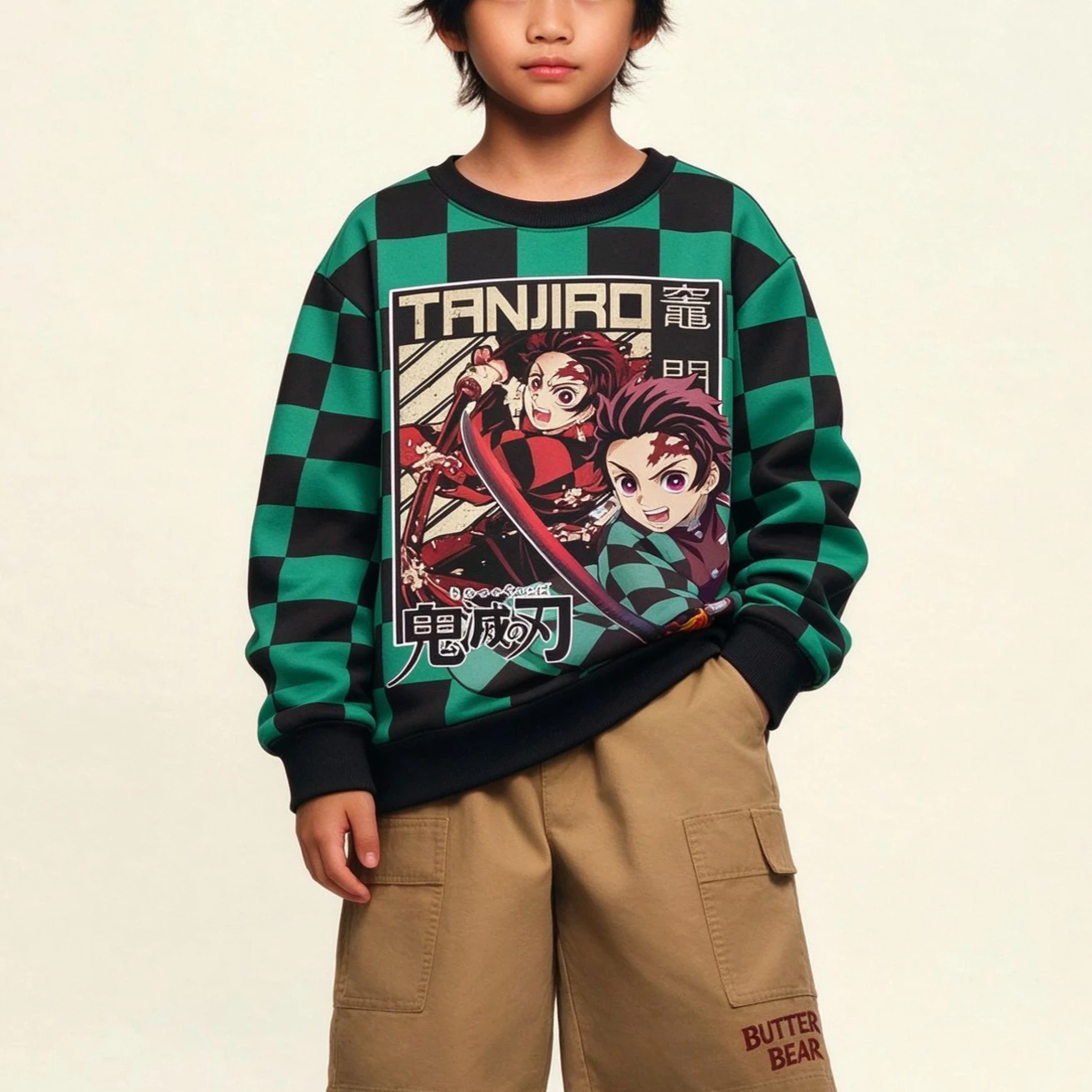 Anime Demon Slayer Cosplay Costume Sweatshirt Harajuku Green Black Grid Jacket