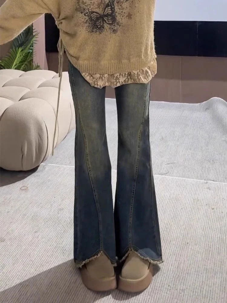 

Синие джинсы-колокольчики с высокой талией в стиле ретро, женские повседневные потертые джинсы, весна-осень, новые эластичные большие размеры