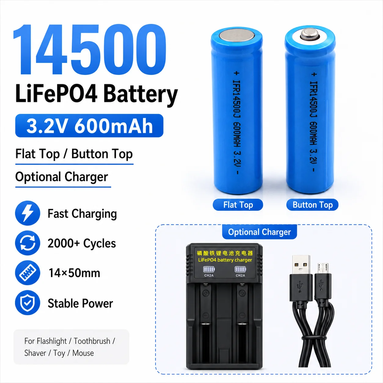 Deep Cycle 3.2V LiFePO4 Rechargeable Battery 14500 600mAh Long Cycle Life for Solar Power Electronic Toys Flashlights