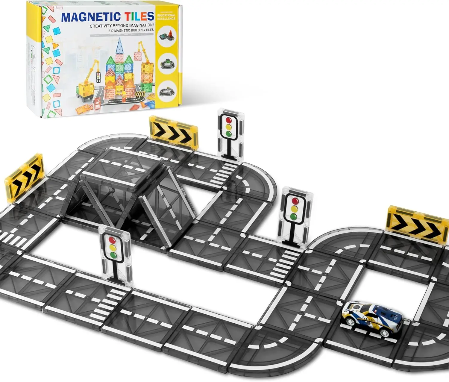 

Magnetic Race Track Tiles with Cars, Magnet Tiles Road Set for Kids Toddlers Ages 3-5 4-8, Magnetic Racing Building Blocks Monte