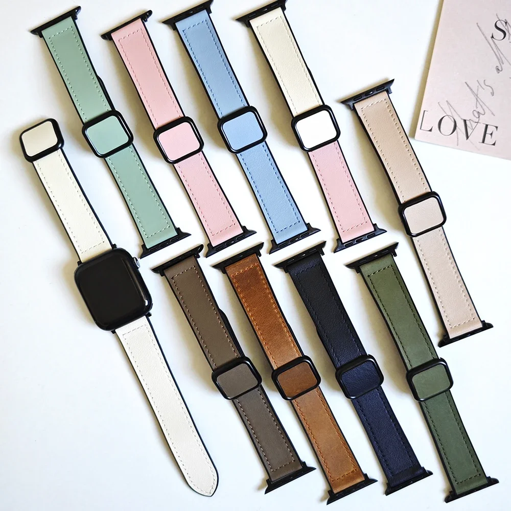 Couro magnético + pulseira de silicone para apple watch ultra2 49mm 10 46mm 42mm pulseira para iwatch series9 8 7 6 5 4 se 41mm 38mm banda