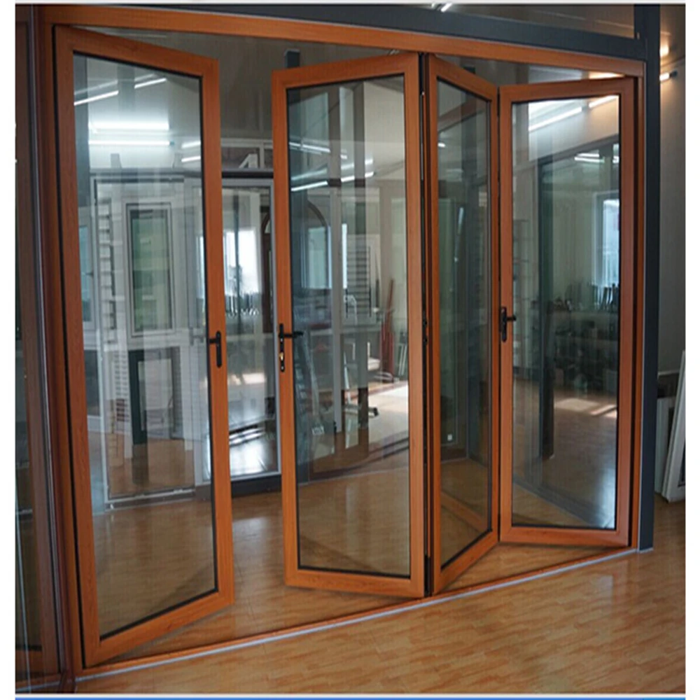 Customized Folding Door, CBMmart High Quality Wood Grain Aluminum Alloy Indoor Tempered Glass Bi Fold Residential Folding