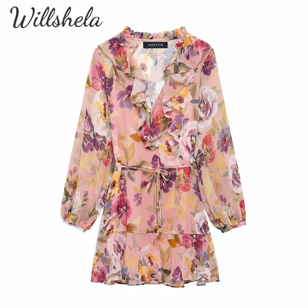 

Willshela Women Fashion Floral Printed Ruffled Mini Dress V-Neck Long Sleeves Female Chic Lady Casual Mujer Short Vestidos