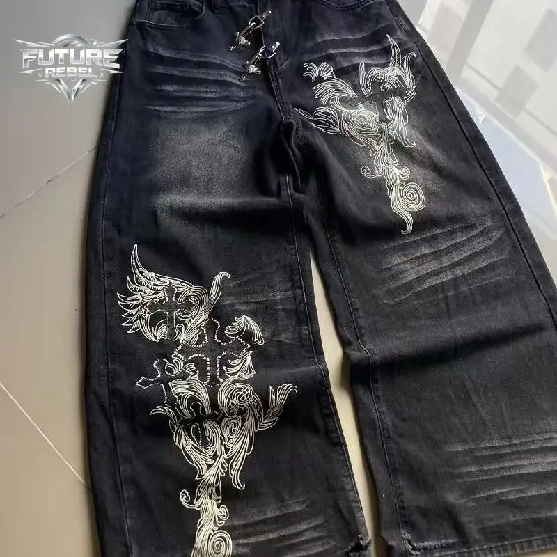 Dark Y2K Gothic Jeans Men Wide Leg Loose Fit Streetwear Vintage Casual Trendy Comfortable Breathable Trousers Harajuku Hip Hop