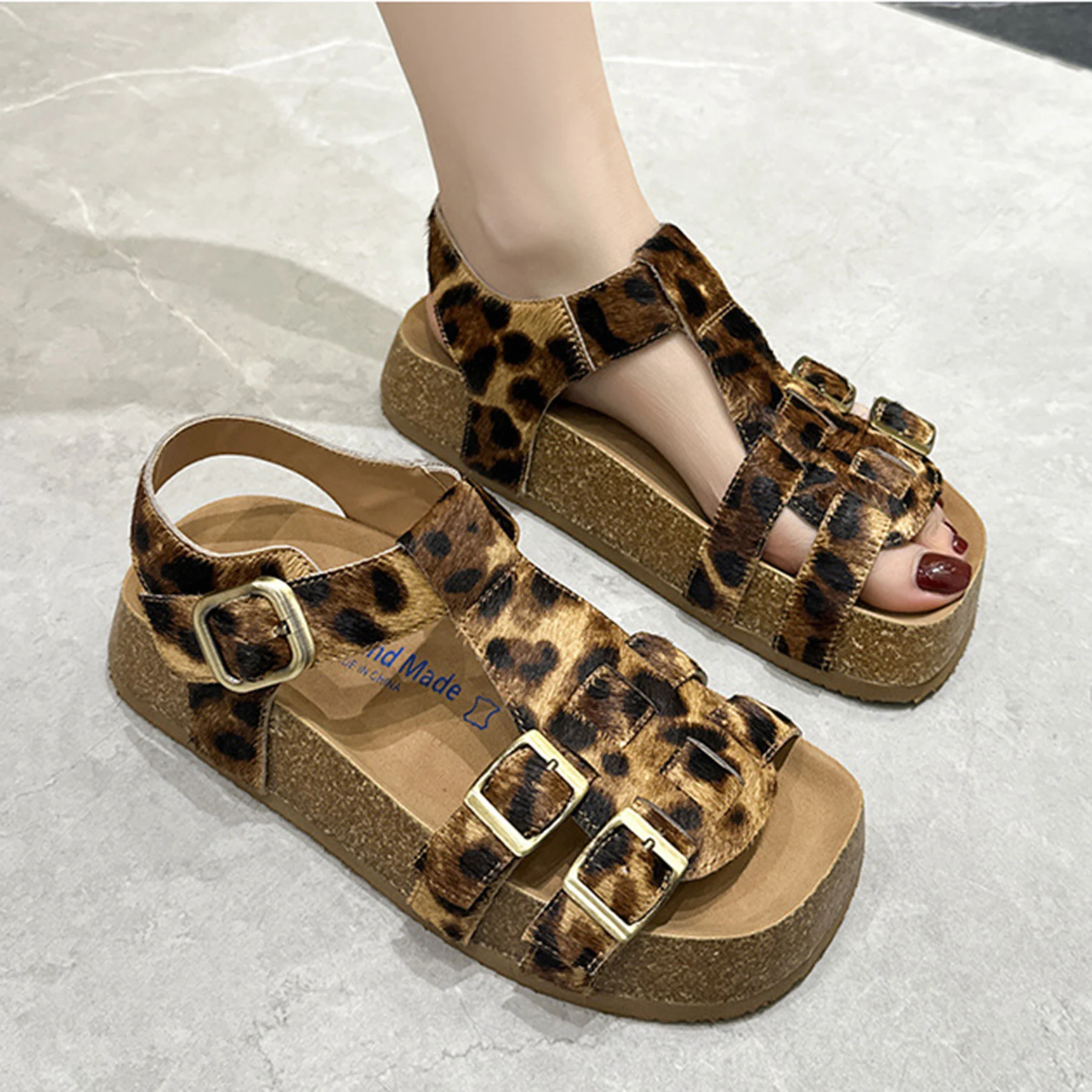 Krazing Pot Brand Horsehair Leopard Print Peep Toe Buckle Straps Summer Shoes Slingback Med Heels Casual Platform Women Sandals