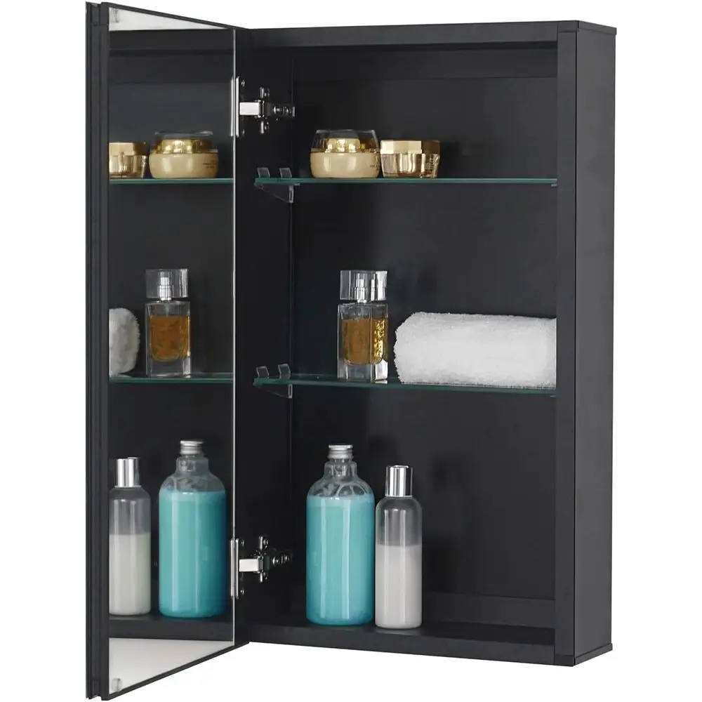 Medicine Cabinet 14 x 24 inches Mirror Size, Recessed or Surface Mount, Black Aluminum Bathroom Wall Cabinet with Mirror and Adj