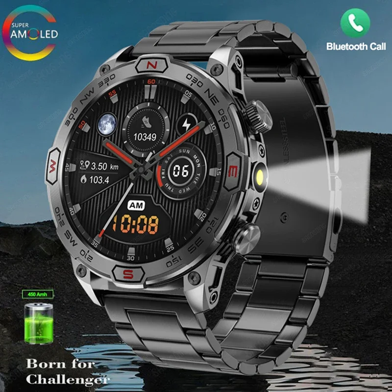 

2024 Men's Smart Watch with AMOLED Screen Sports Fitness sleep Tracker Pressure Bluetooth Call Flashlight Compass Call Reminder