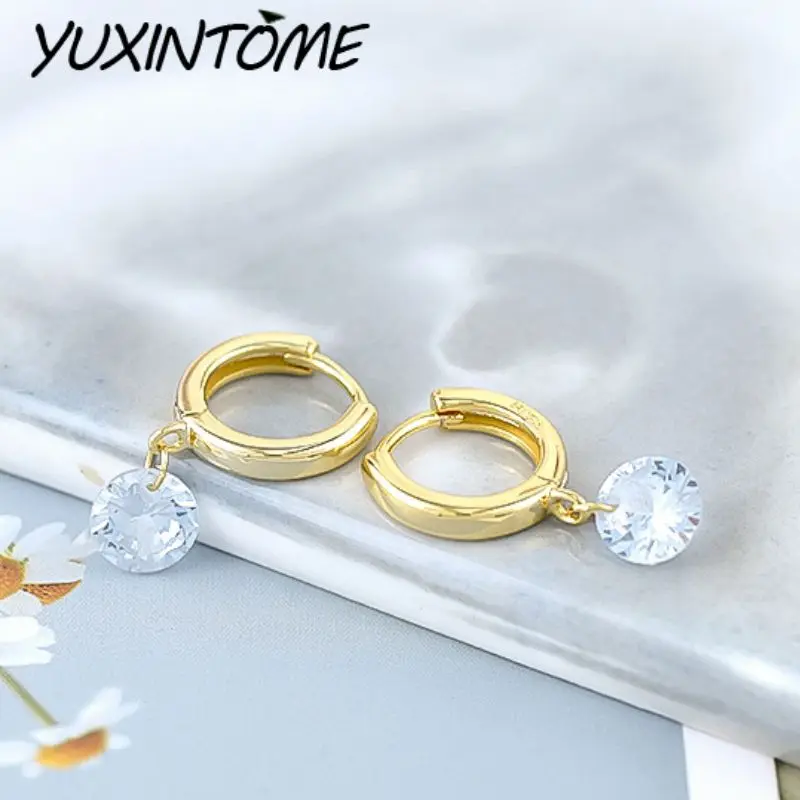 

925 Sterling Silver Needle Simple Temperament Versatile White Transparent Round Zircon Pendant Earrings Wedding Party Jewelry