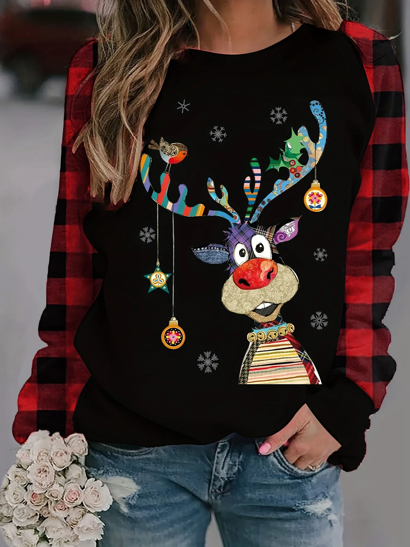 Cute Reindeer Print Long Sleeve Plaid Patchwork Plus Size Christmas Sweatshirt for Women