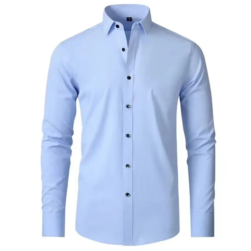 Camisa de manga comprida de luxo masculina, seda gelada, popeline, anti-rugas, não ferro, negócios, escritório, moda, casual, alta qualidade, S-5XL