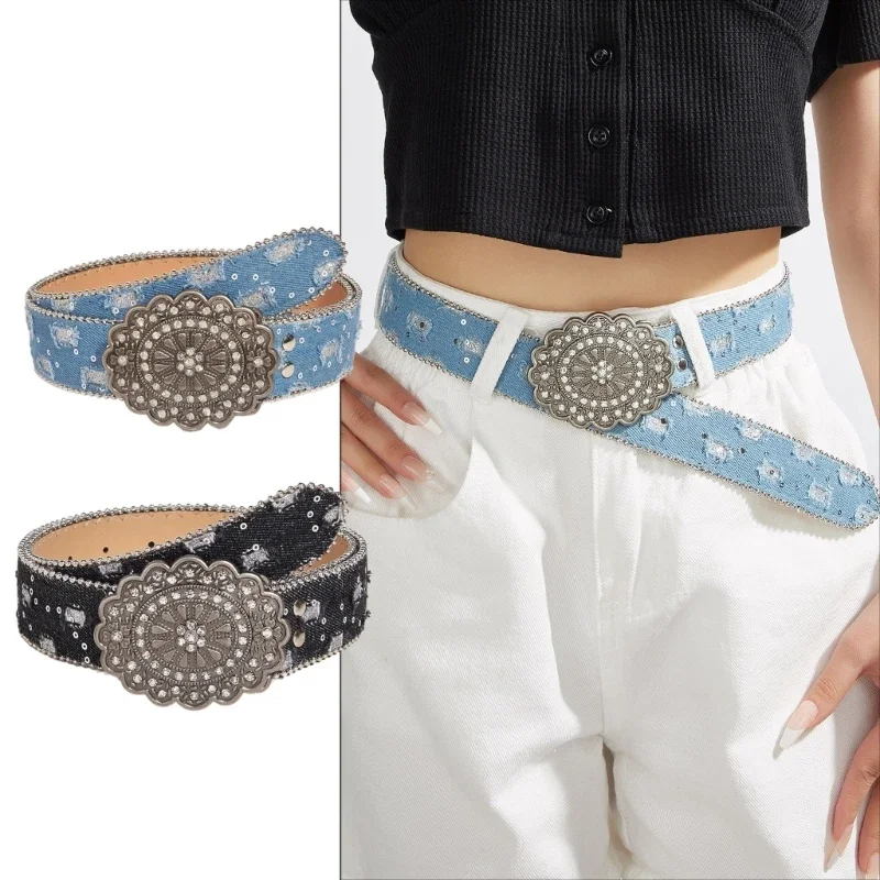 

Distressed Waist Belt Ethnic Waist Belt with Relief Flower Buckle Girls Women PU Waist Belt for Coat Skirts Jeans