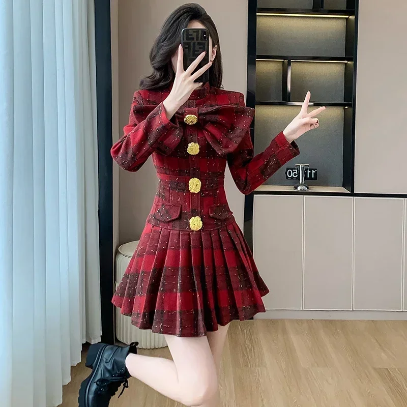 2024 Autumn and Winter New High-end Light Luxury Design Big Bow Short Plaid Woolen Dress Vestidos Elegantes Para Mujer