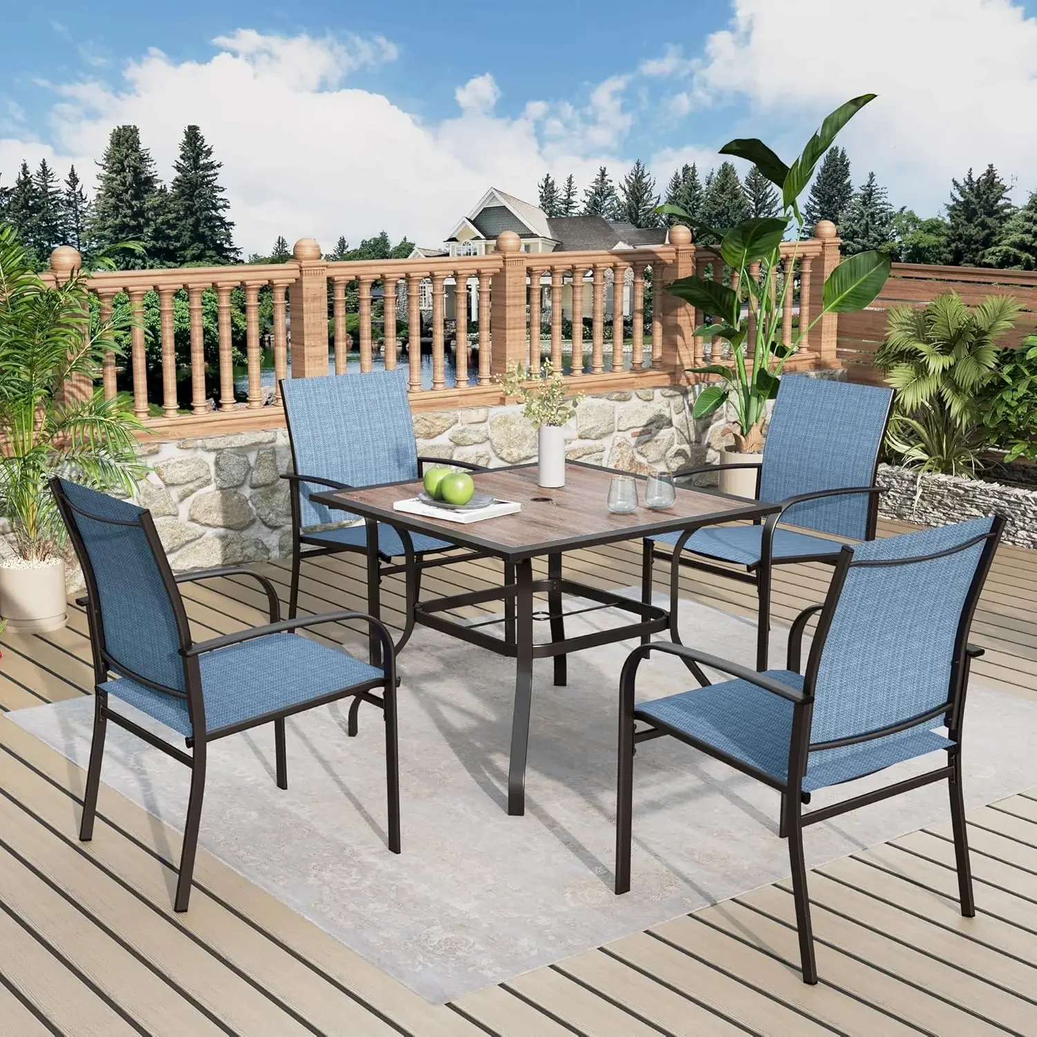 

Set 5 Piece Outdoor Furniture Set with 4 Blue Textilene Chairs and 37" Wood-Like Table Top for Deck Backyard Lawn Poolside