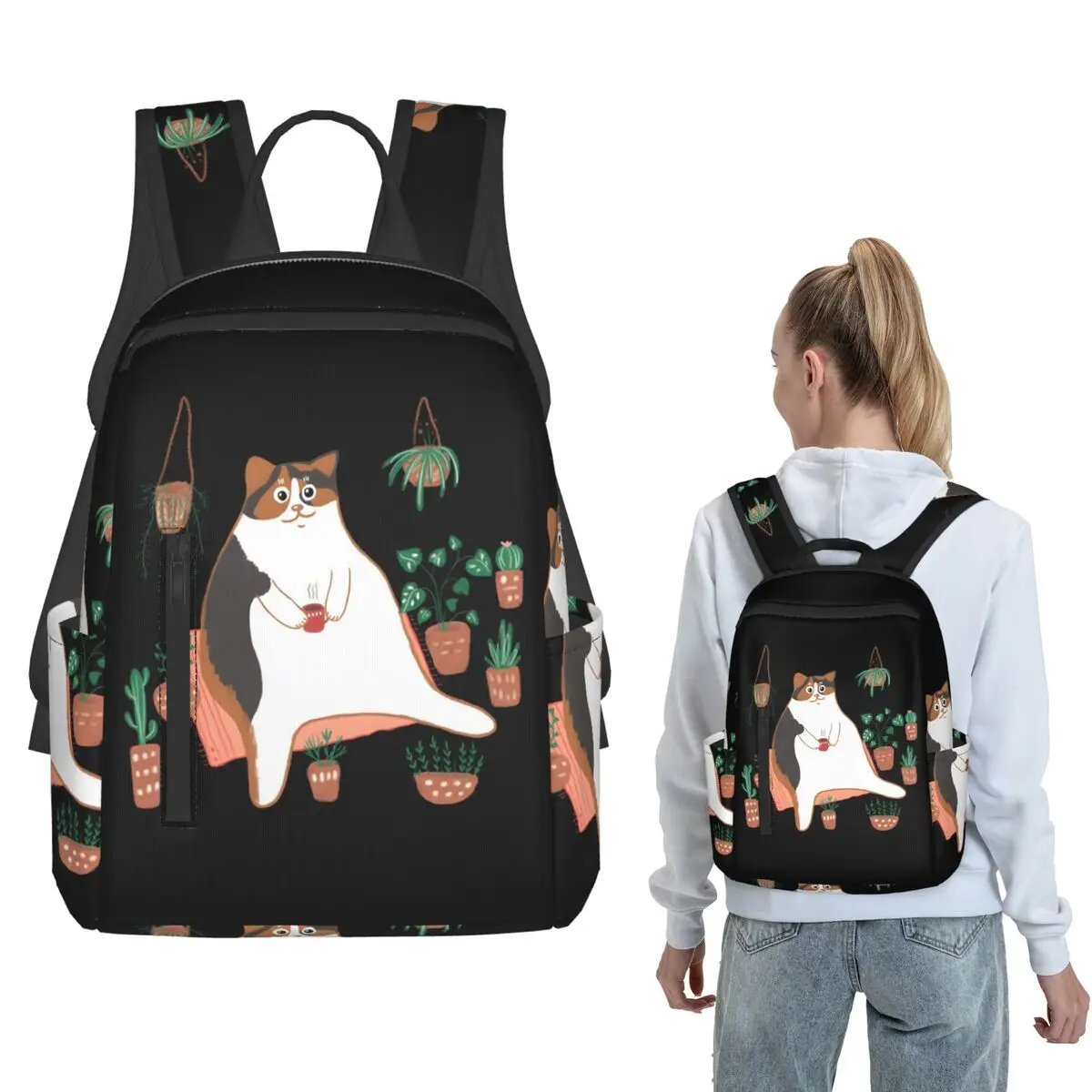 Calico Cat With Pot Plants Cat For Mom Backpack Daypack Boys Girls BookBag School Bag Shoulder Bags for Men Women