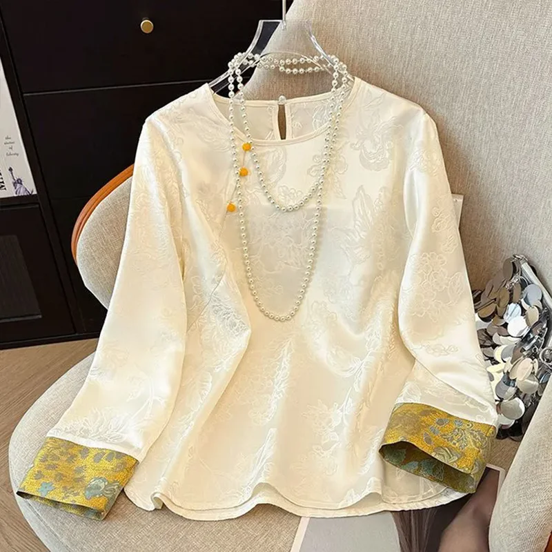 

Весенняя новая китайская национальная жаккардовая рубашка с круглым вырезом, женская летняя рубашка 2026, новая одежда в стиле дзен, свободная новая рубашка в китайском стиле, топы