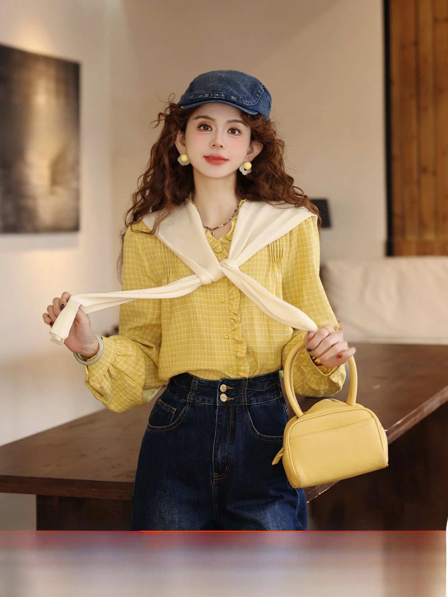 

Chen JiajieGui Yu Zhan Chen Women's Plaid Shirt Long Sleeve Floral Lace Trim Cotton Polyester Blend Spring 2026 Vintage Style...