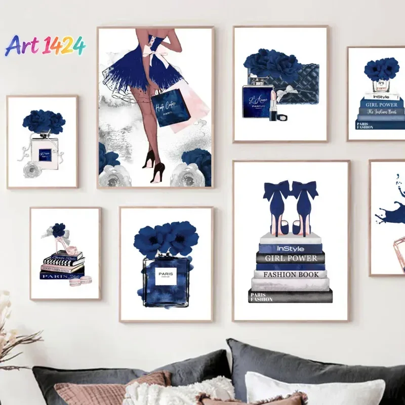 Nordic Simple Ink Aesthetic Fashion Lipstick Perfume Blue Rose HD  On Canvas Posters And Prints Home Bedroom Decoration Gifts