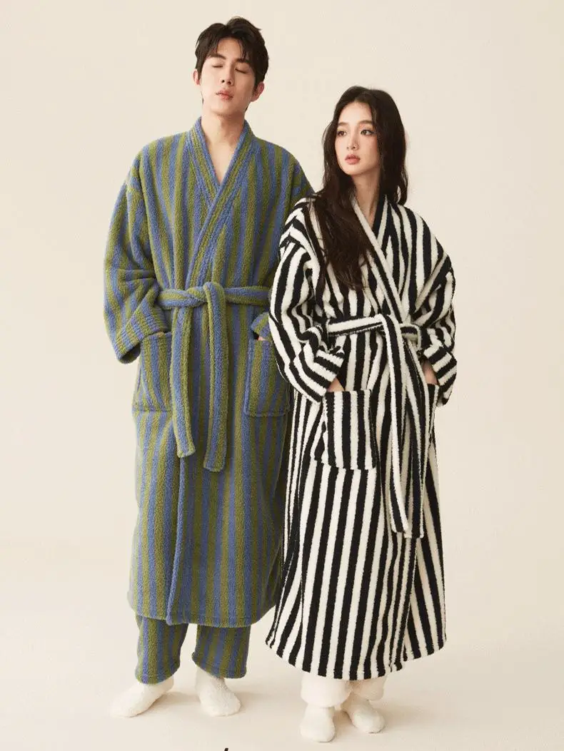 Warm Fleece Autumn and Winter New Couple Pajamas Half Velvet Lengthened Thick Nightgown Coral Velvet Set Morning Bathrobe Hom...