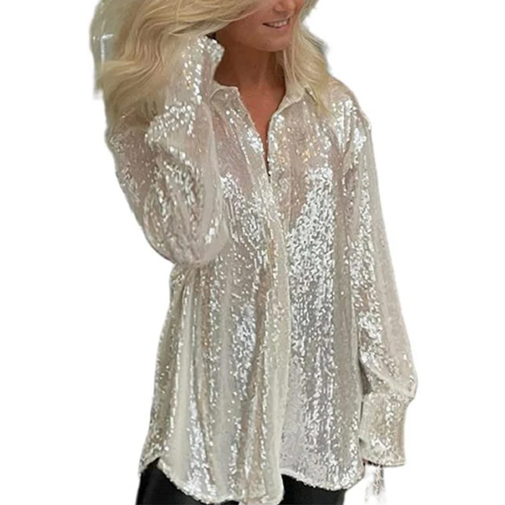 Women\'s Y2K Sequin Button Down Shirt Blouses Long Sleeeve Sparkle Glitter Top Fashion ropa mujer verano 2022 Top Elegant Clothes