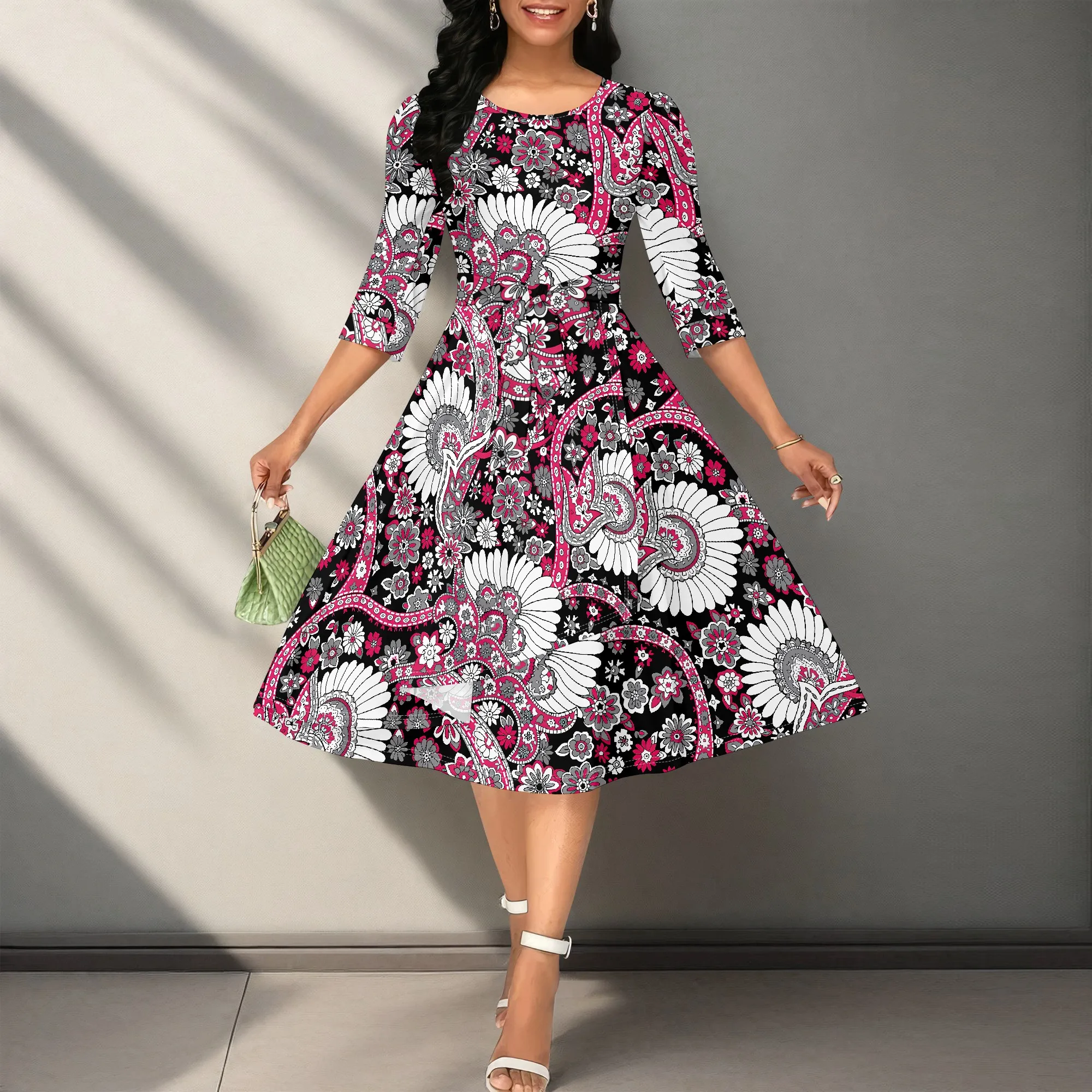 

Women's Spring And Summer Dress, 3D Fashionable Printed Retro Style Seven Quarter Sleeve Dress