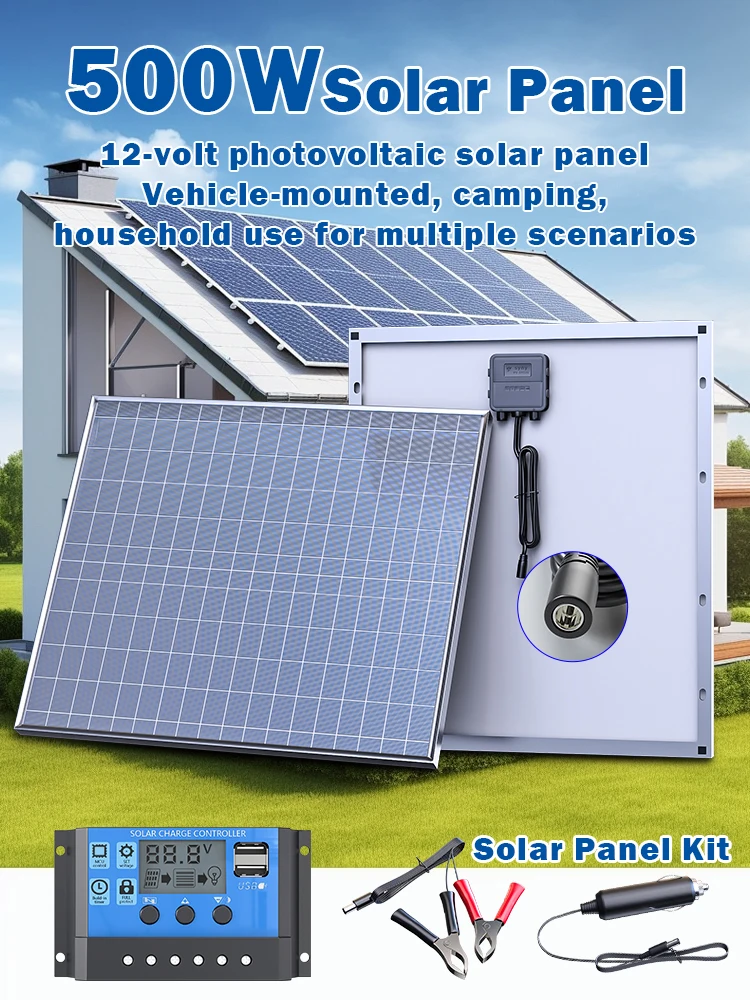 500W 12V Polykristallines Solarpanel, netzunabhängiges Photovoltaikpanel für Zuhause, Wohnmobil, Camping, Fahrzeugbatterie-Ladegerät