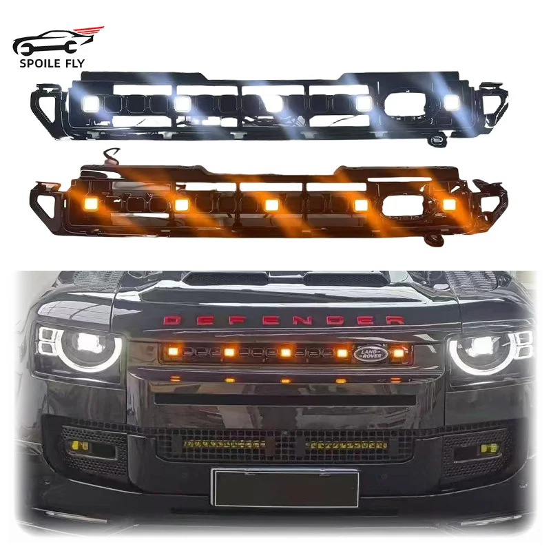 

2020 To 2024 For Land Rover Defender 110 & 90 Car Front Bumper Lip LED Racing Grills Light Grilles Lamp Grid Luminous Grille