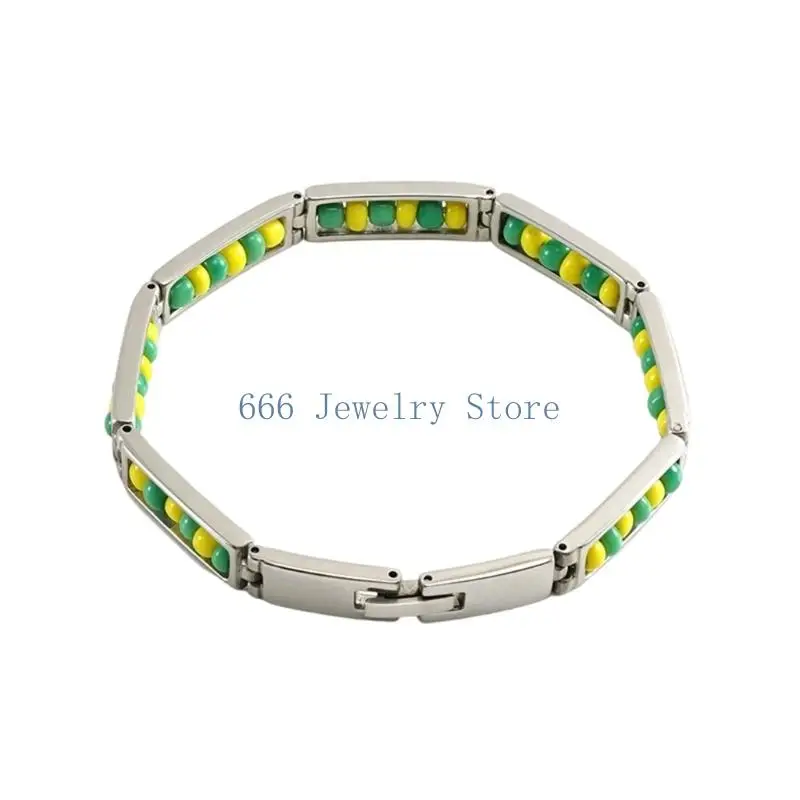 F2TD Gold Tone Beaded Link Bracelet with Decorative Segment Detail, Fashion Wrist Jewelry for Daily Styling and Stacked Looks