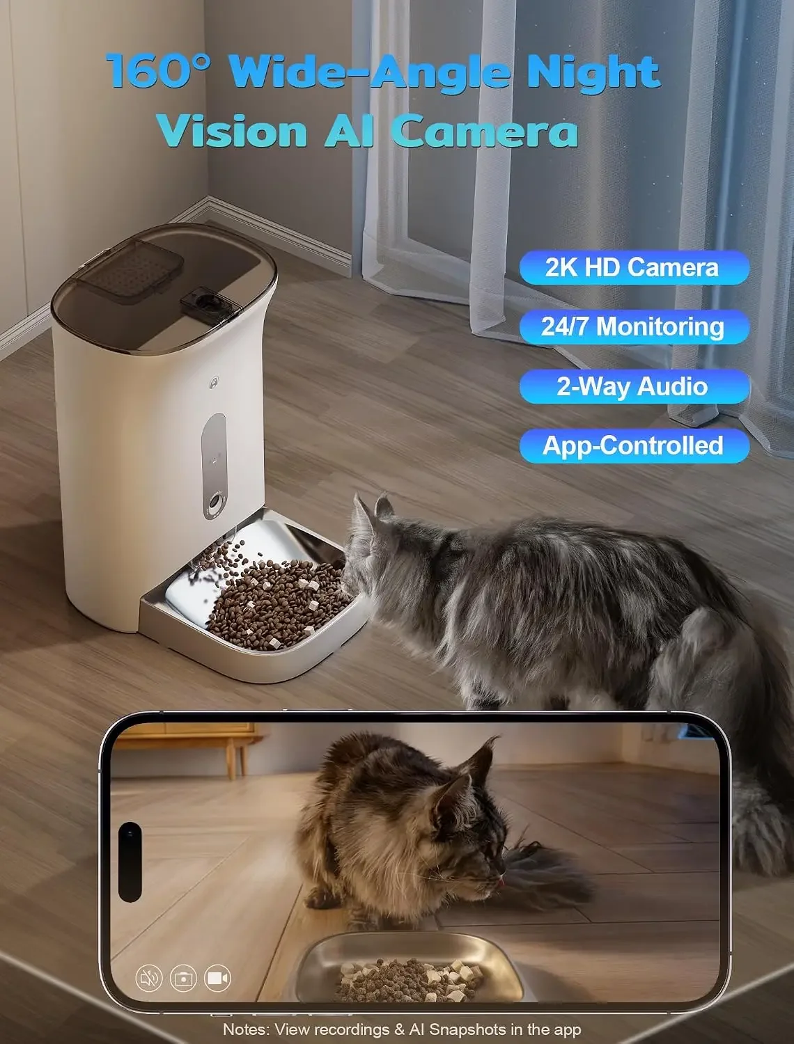 Automatic Cat Feeder with 3MP Camera,2K HD Video with Night Vision,5G/2.4G WiFi Pet Feeder with 2-Way Audio,App-Controlled