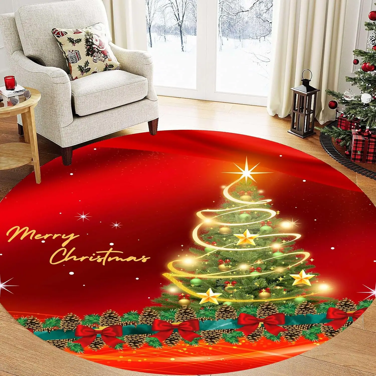 Vintage Holiday Round Rug Merry Christmas Carpet Buffalo Plaid Area Mat Retro Snowman Sleigh Living Room Bedside Decor Item