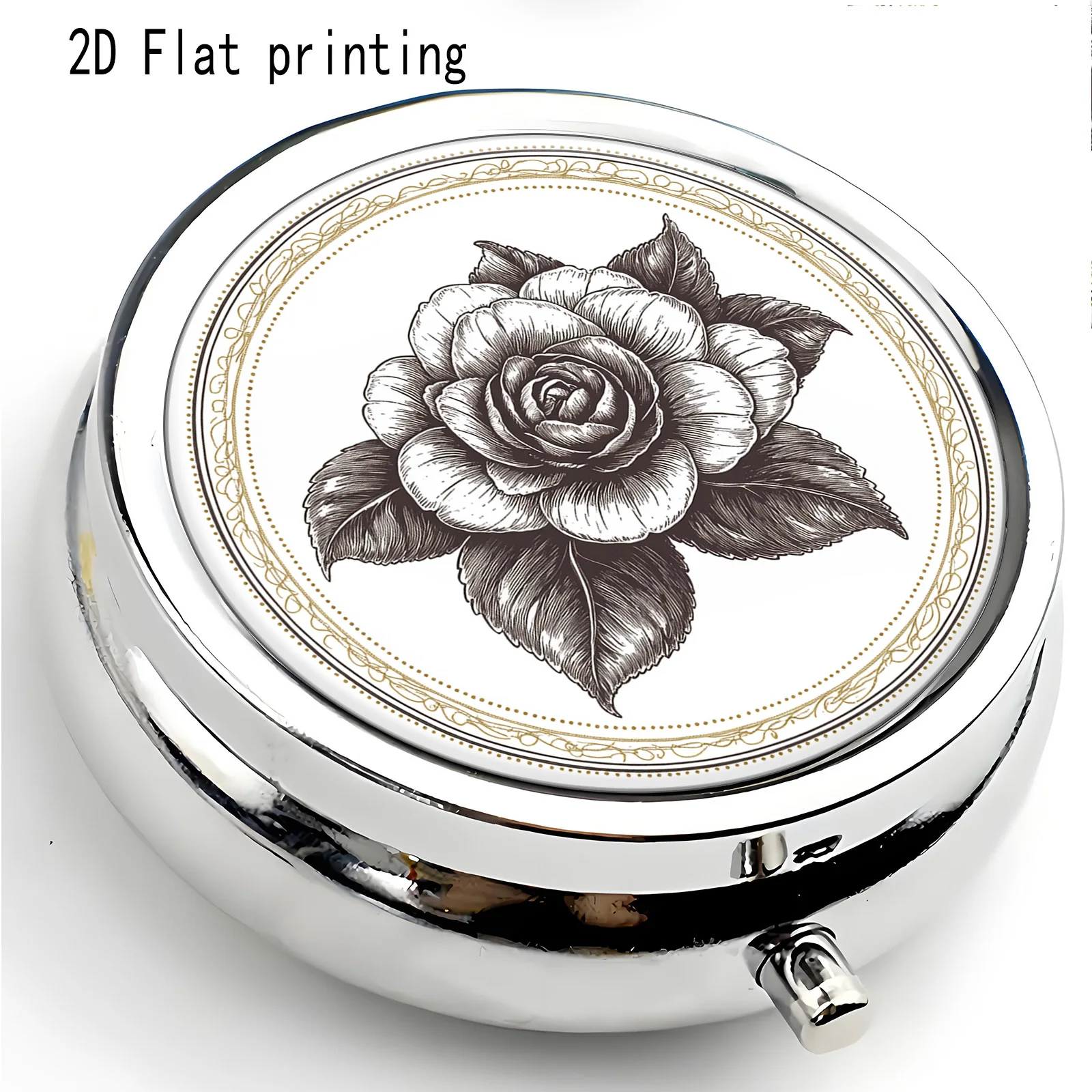 A white rose decorative patterned three-compartment portable box, printed on one side in a flat design. Pill box storage case, suitable for use in handbags, a multifunctional small storage box for jewelry and medication, essential travel organizer, flat design