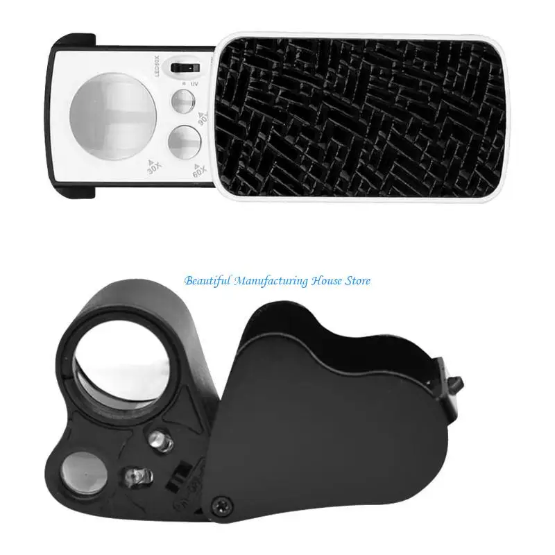 E56A حزمة من 2 عدسة مكبرة عملية للمجوهرات مع أضواء LED أداة فحص الماس نظارات مكبرة بحجم الجيب #2