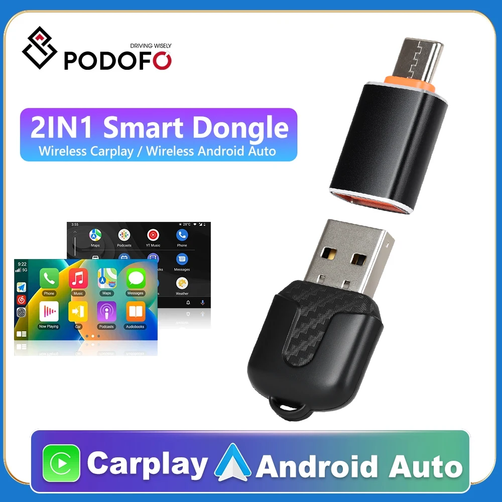 Podofo Wired To Wireless CarPlay Android Auto AI Box Type-C & USB Plug and Play Auto Connect for Car Intelligent Systems Stereo