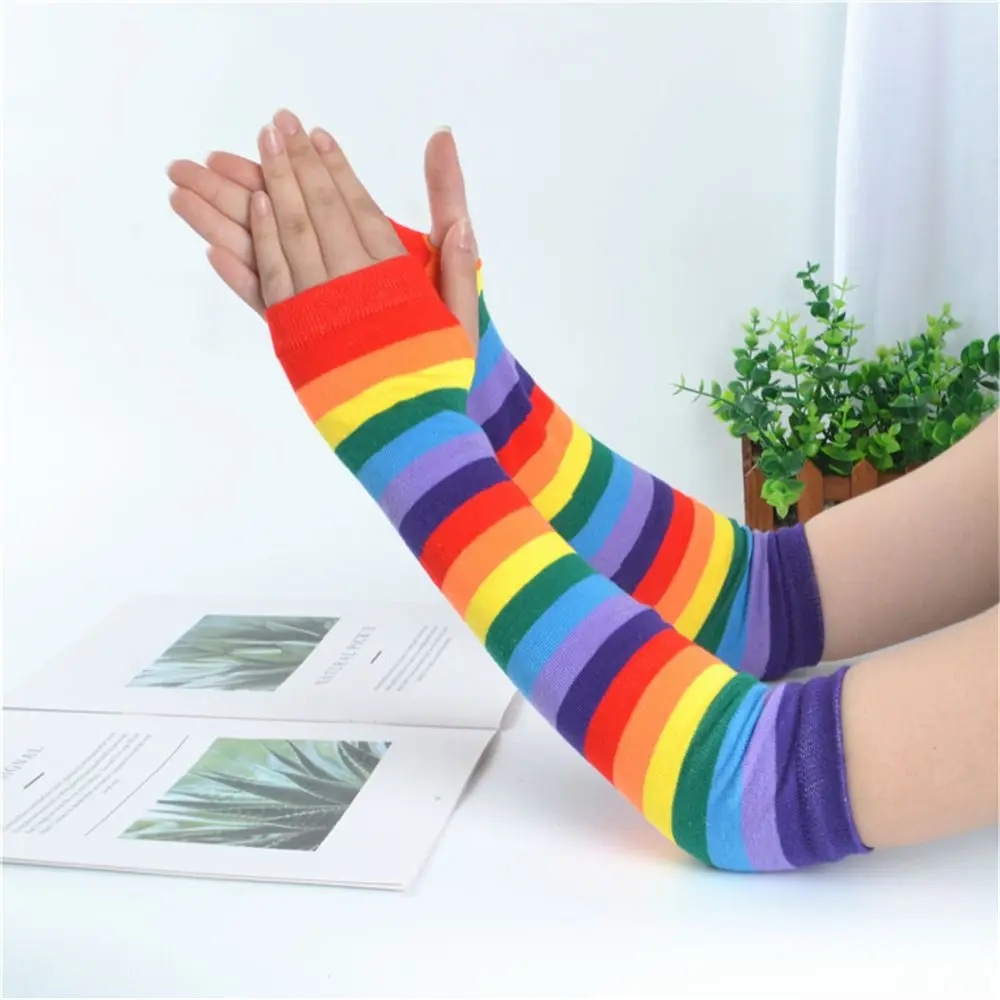 Women Elbow Length Striped Warmer Knitted Sunscreen Fingerless Arm Sleeve Halloween Costume Gloves