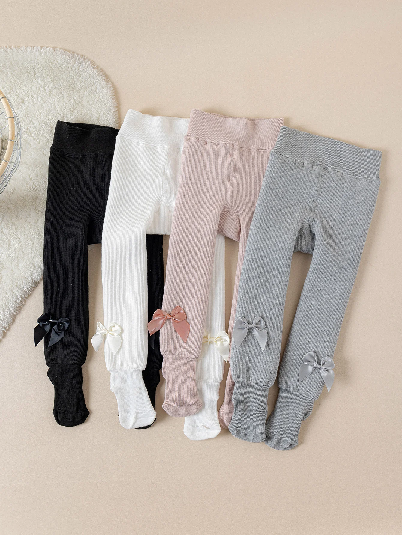 1 Pair of Children's Leggings with Silk Satin Bowknots, Thick Casual Winter Warm Tights for 6-36 Months Baby Girls