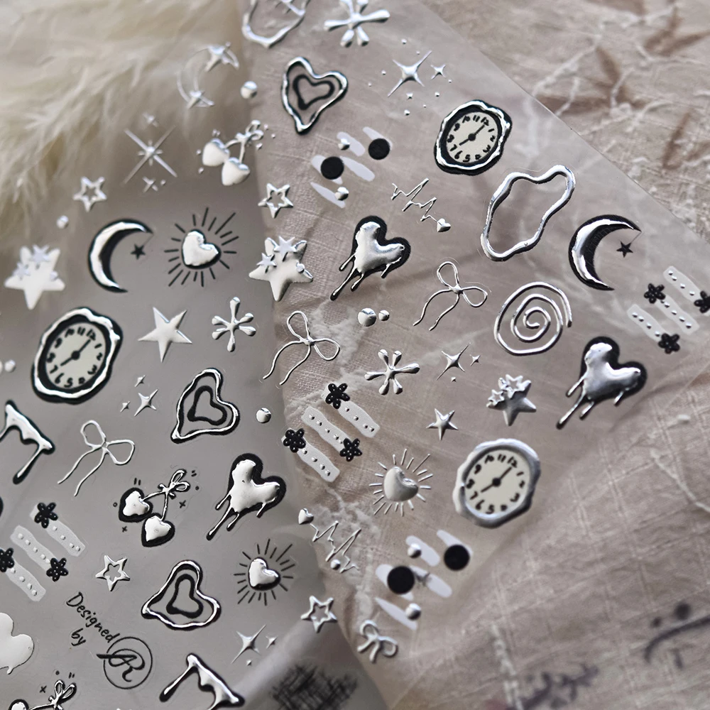 Estrella oscura Luna latido del corazón amor corazón Bowknot cereza reloj Starburst plata forma Irregular 5D pegatinas para decoración de uñas DIY