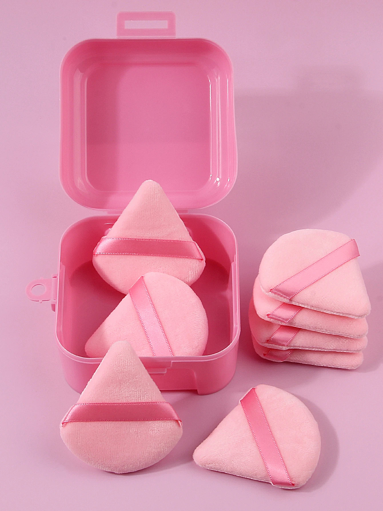 8 peças de sopro de pó triangular flocado super macio, esponja de configuração, sopro de pó, ferramenta de beleza de dupla finalidade seca e molhada + 1 peça de armazenamento bo