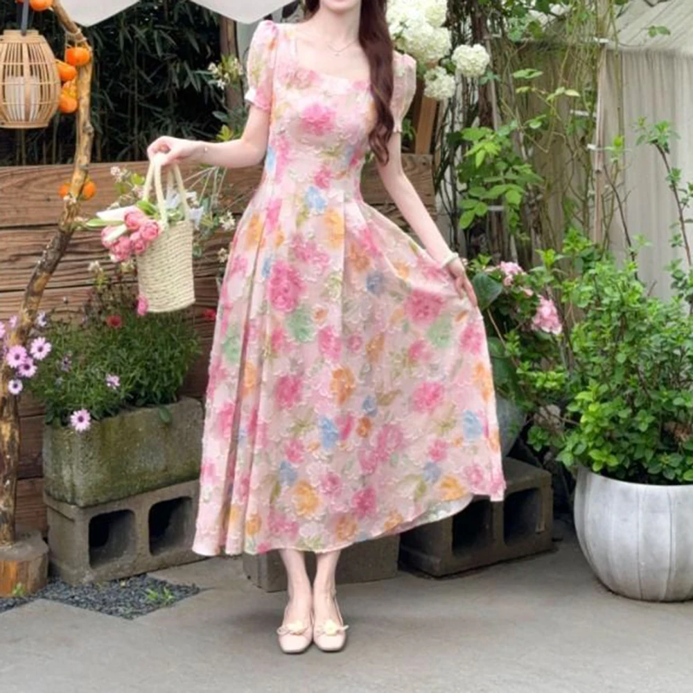 

[Rose Flower Season] French holiday style gradual change pink flower pendulum dress summer dress Regular Fit