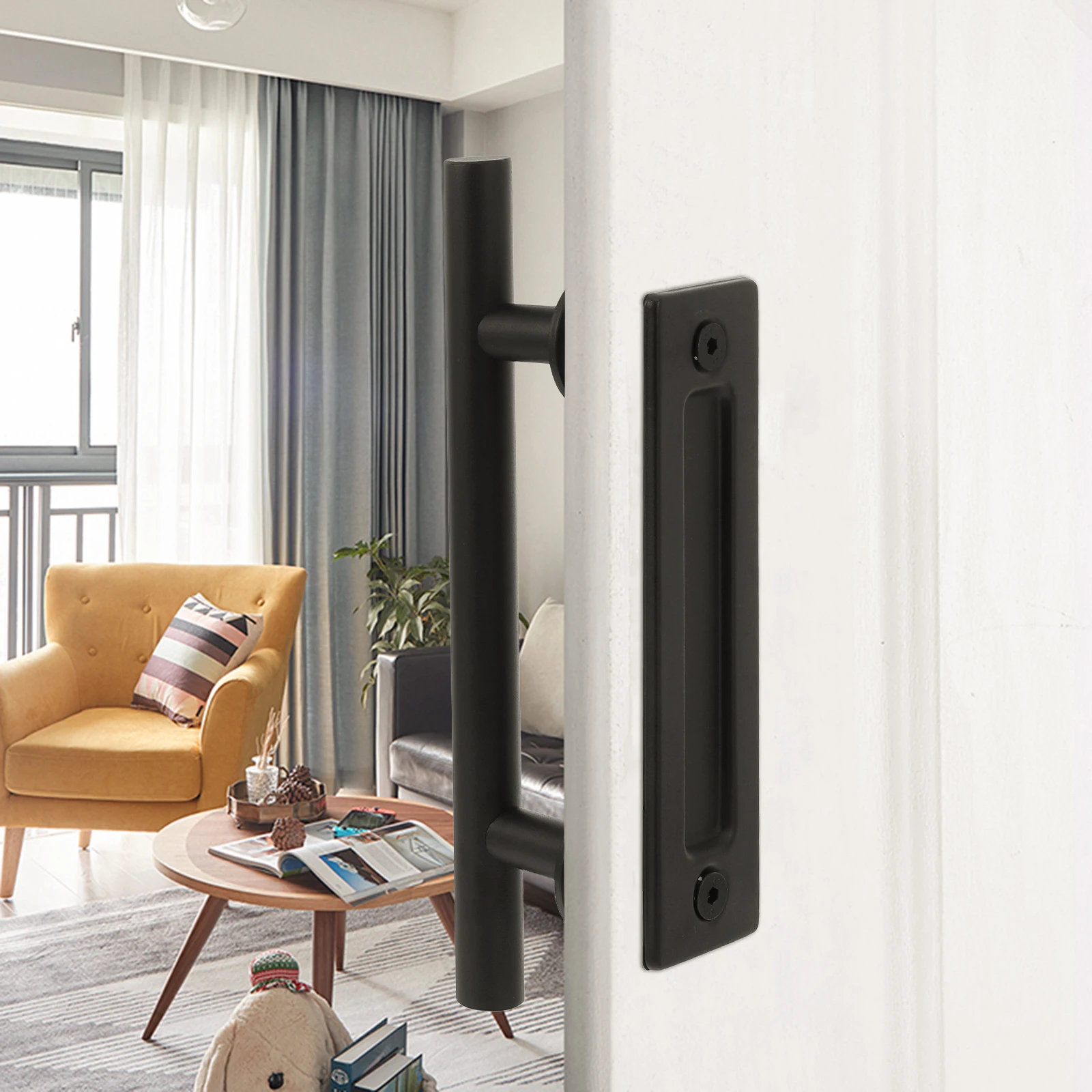 Round H Door Pull Carbon Steel Black Sliding Garage Warehouse Hardware Kit Easy Install Durable Practical Function