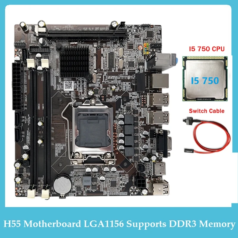 

H55 Motherboard Desktop Motherboard LGA1156 Supports I3 530 I5 760 Series CPU DDR3 Memory +I5 750 CPU+Switch Cable